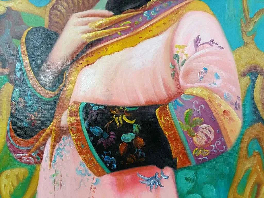 Peinture à l'huile sur toile peinte à la main belle femme avec habit traditionnel par Leng Jun