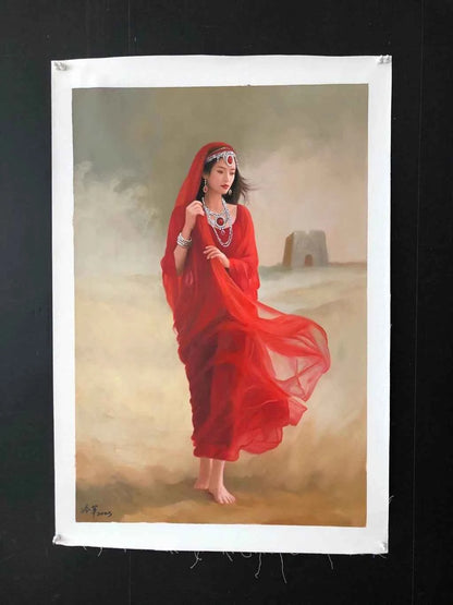 Peinture à l'huile sur toile peinte à la main belle femme avec habit traditionnel dans le désert