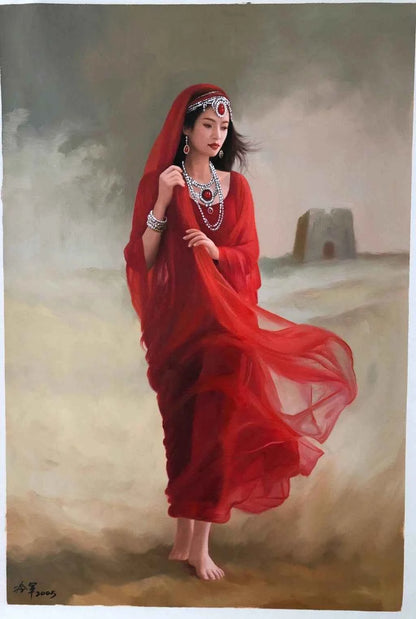 Peinture à l'huile sur toile peinte à la main belle femme avec habit traditionnel dans le désert