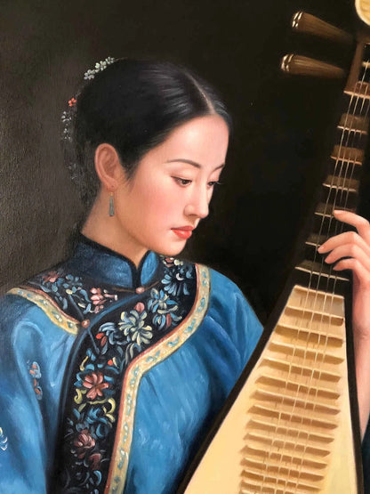 Peinture à l'huile chinoise sur toile peinte à la main belle femme musicienne traditionnelle par Leng Jun - Kikooyou Art Gallery