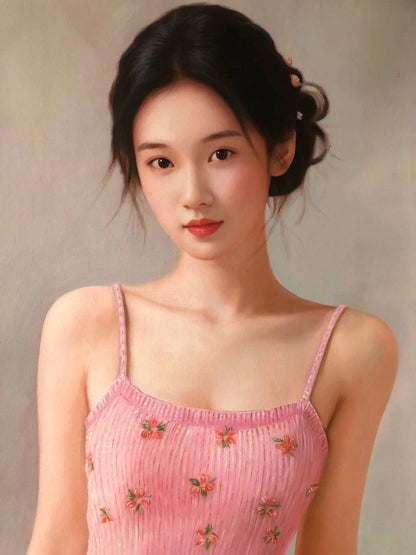 Peinture à l'huile sur toile peinte à la main belle femme chinoise en robe rose par Leng Jun - Kikooyou Art Gallery