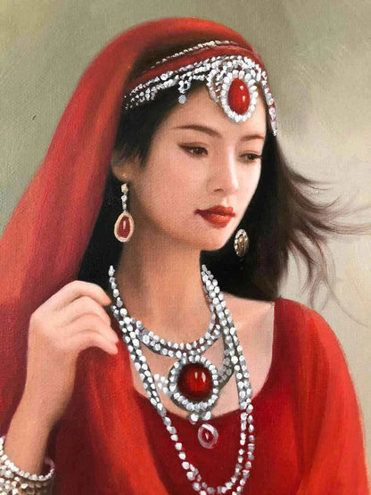 Peinture à l'huile sur toile peinte à la main belle femme avec habit traditionnel dans le désert