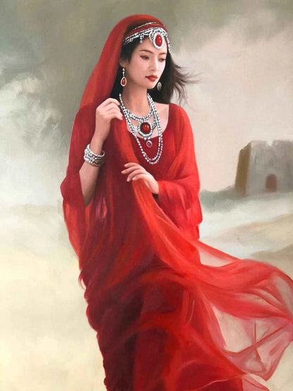 Peinture à l'huile sur toile peinte à la main belle femme avec habit traditionnel dans le désert