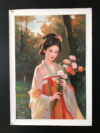Peinture à l'huile sur toile peinte à la main belle femme chinoise par Leng Jun