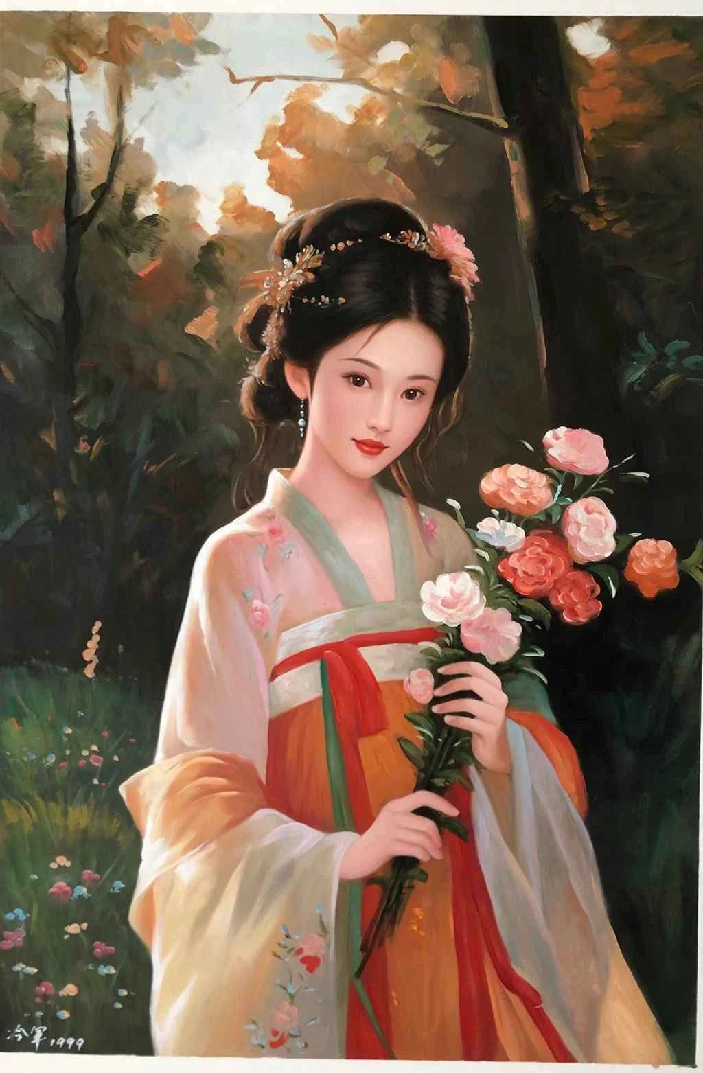 Peinture à l'huile sur toile peinte à la main belle femme chinoise par Leng Jun