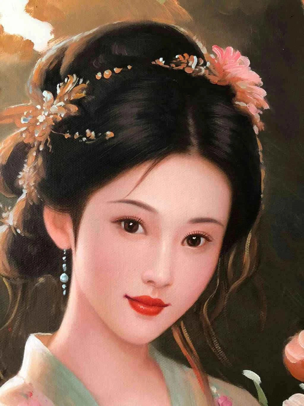 Peinture à l'huile sur toile peinte à la main belle femme chinoise par Leng Jun