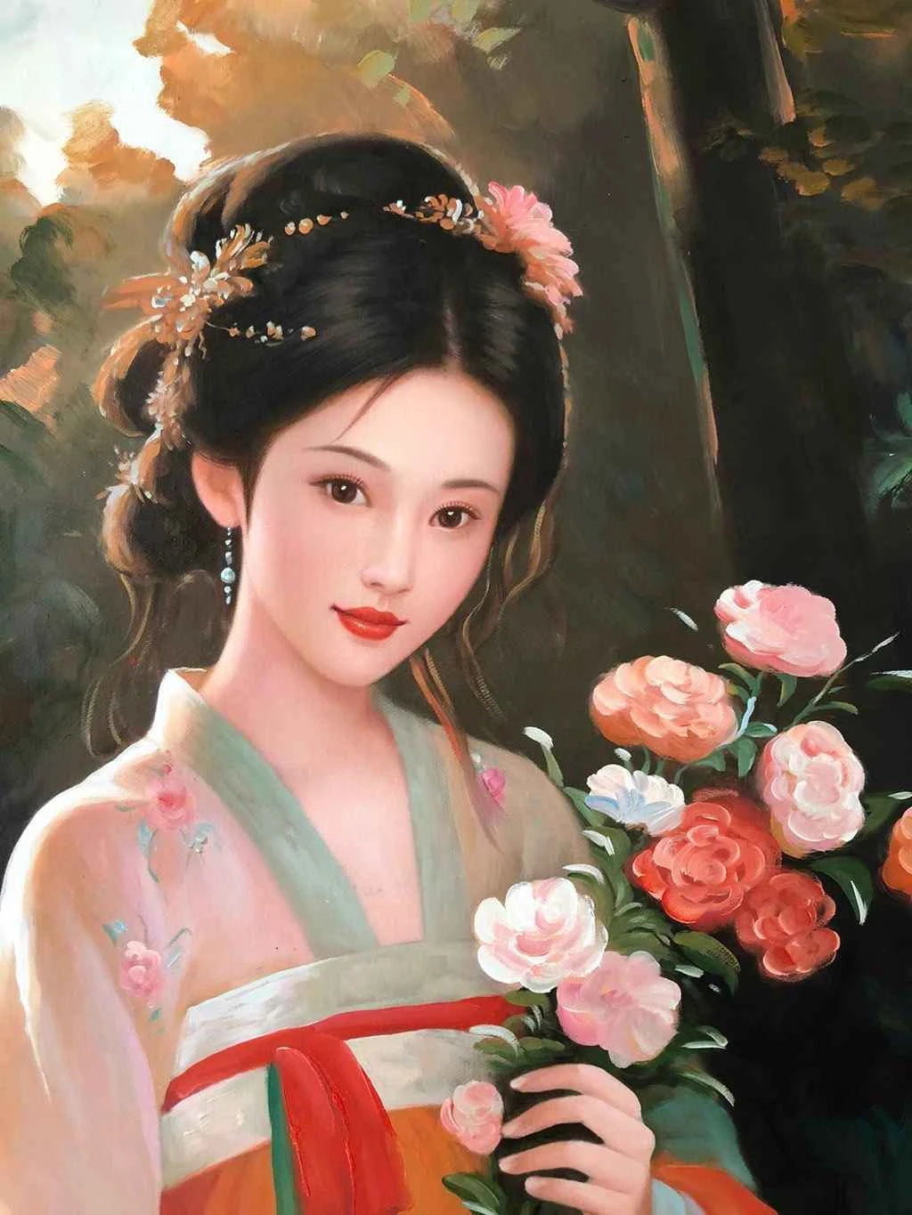 Peinture à l'huile sur toile peinte à la main belle femme chinoise par Leng Jun