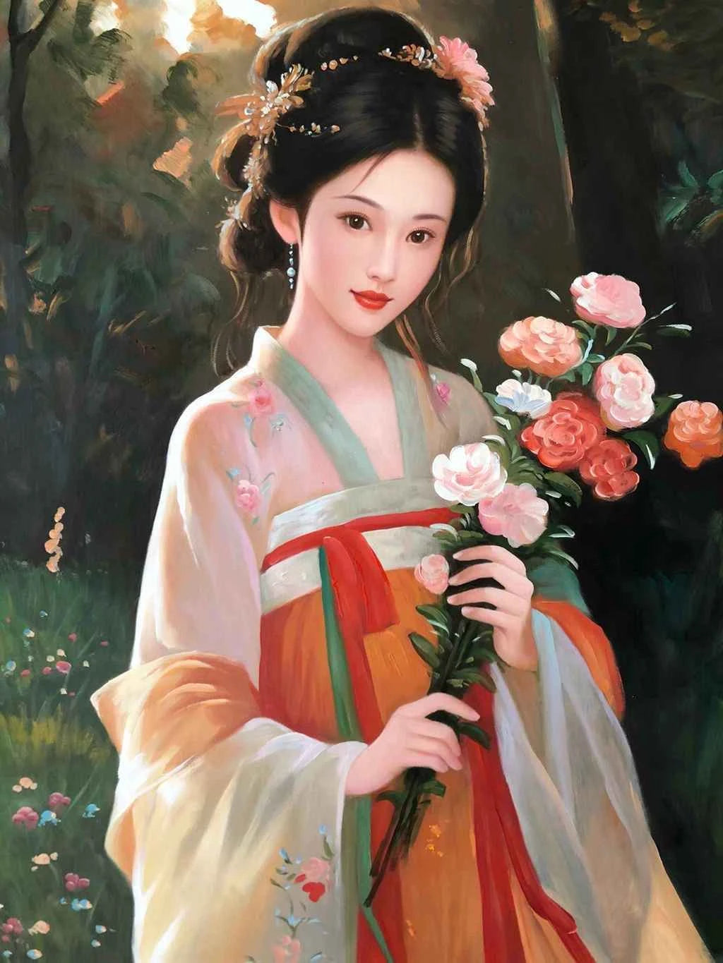 Peinture à l'huile sur toile peinte à la main belle femme chinoise par Leng Jun