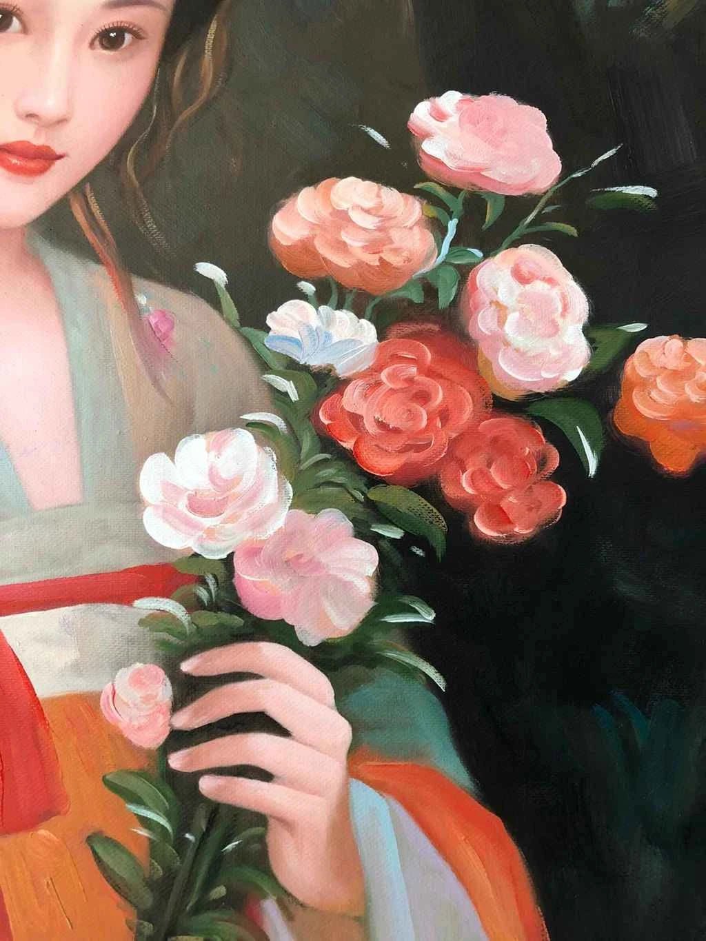 Peinture à l'huile sur toile peinte à la main belle femme chinoise par Leng Jun