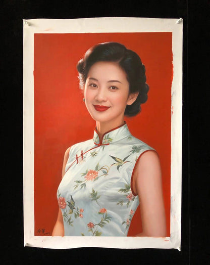 Peinture à l'huile sur toile peinte à la main belle femme chinoise robe fleurs par Leng Jun - Kikooyou Art Gallery