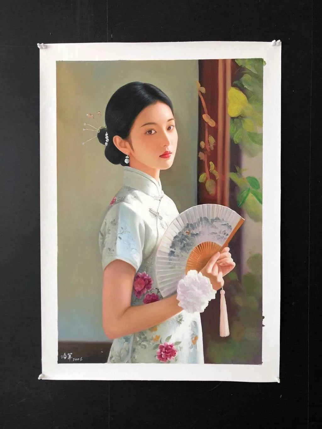 art Peinture à l'huile sur toile peinte à la main belle femme chinoise avec éventail par Leng Jun
