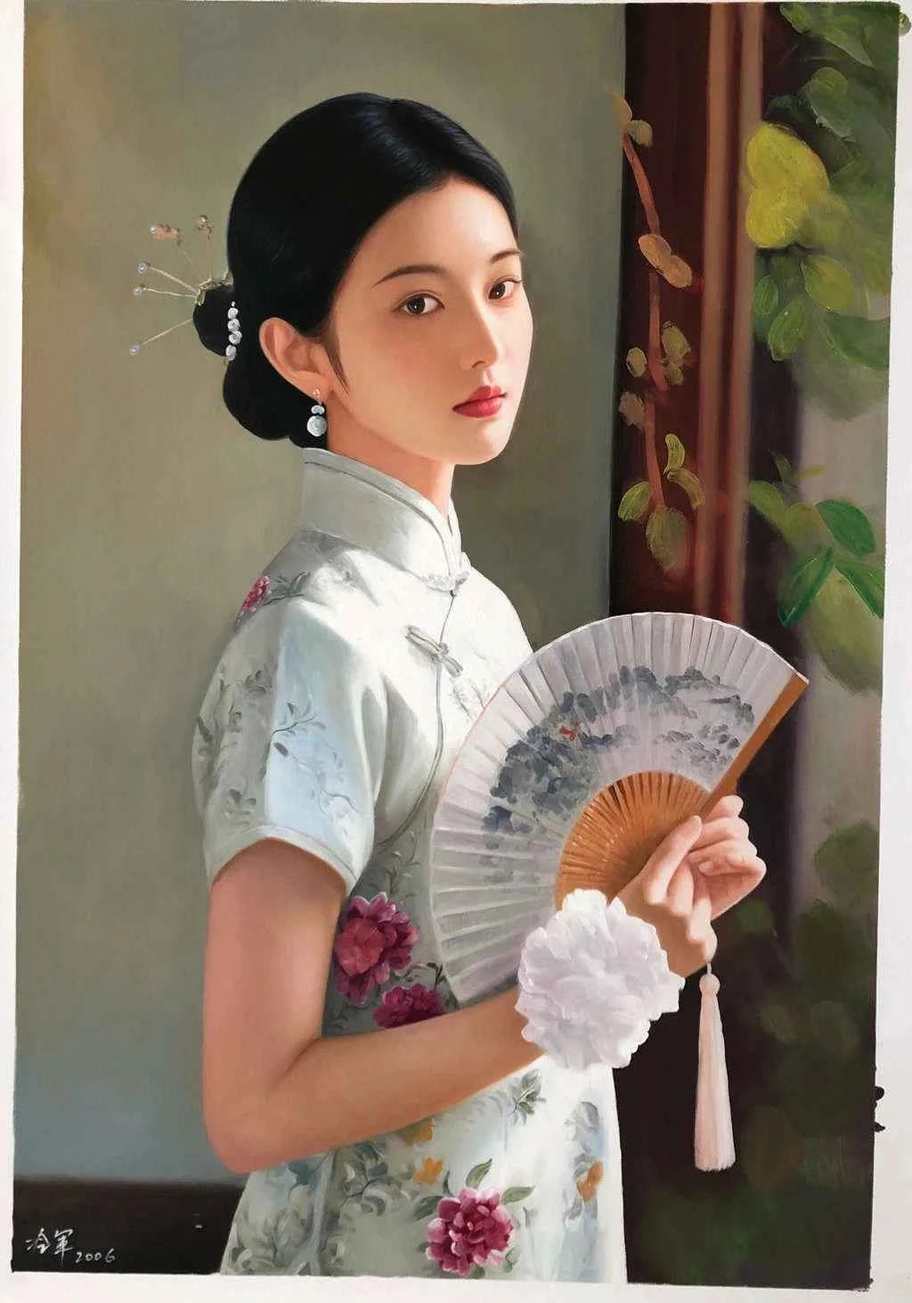 art Peinture à l'huile sur toile peinte à la main belle femme chinoise avec éventail par Leng Jun