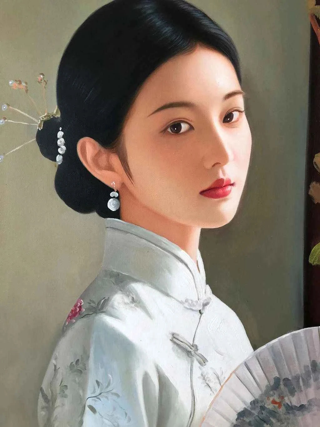 art Peinture à l'huile sur toile peinte à la main belle femme chinoise avec éventail par Leng Jun
