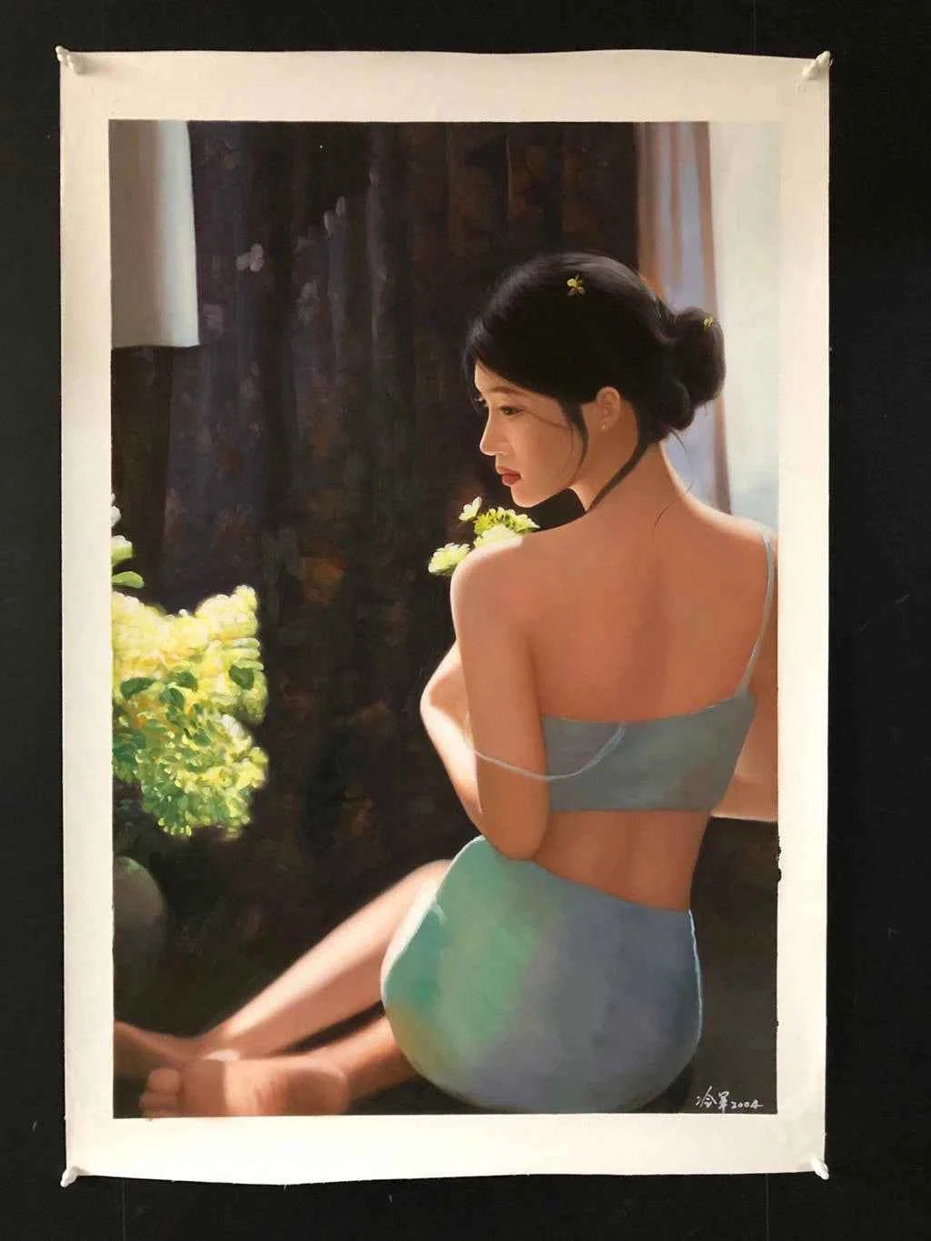 Peinture à l'huile sur toile peinte à la main belle femme chinoise en lingerie par Leng Jun