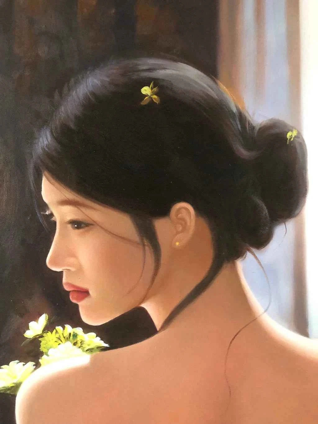 Peinture à l'huile sur toile peinte à la main belle femme chinoise en lingerie par Leng Jun