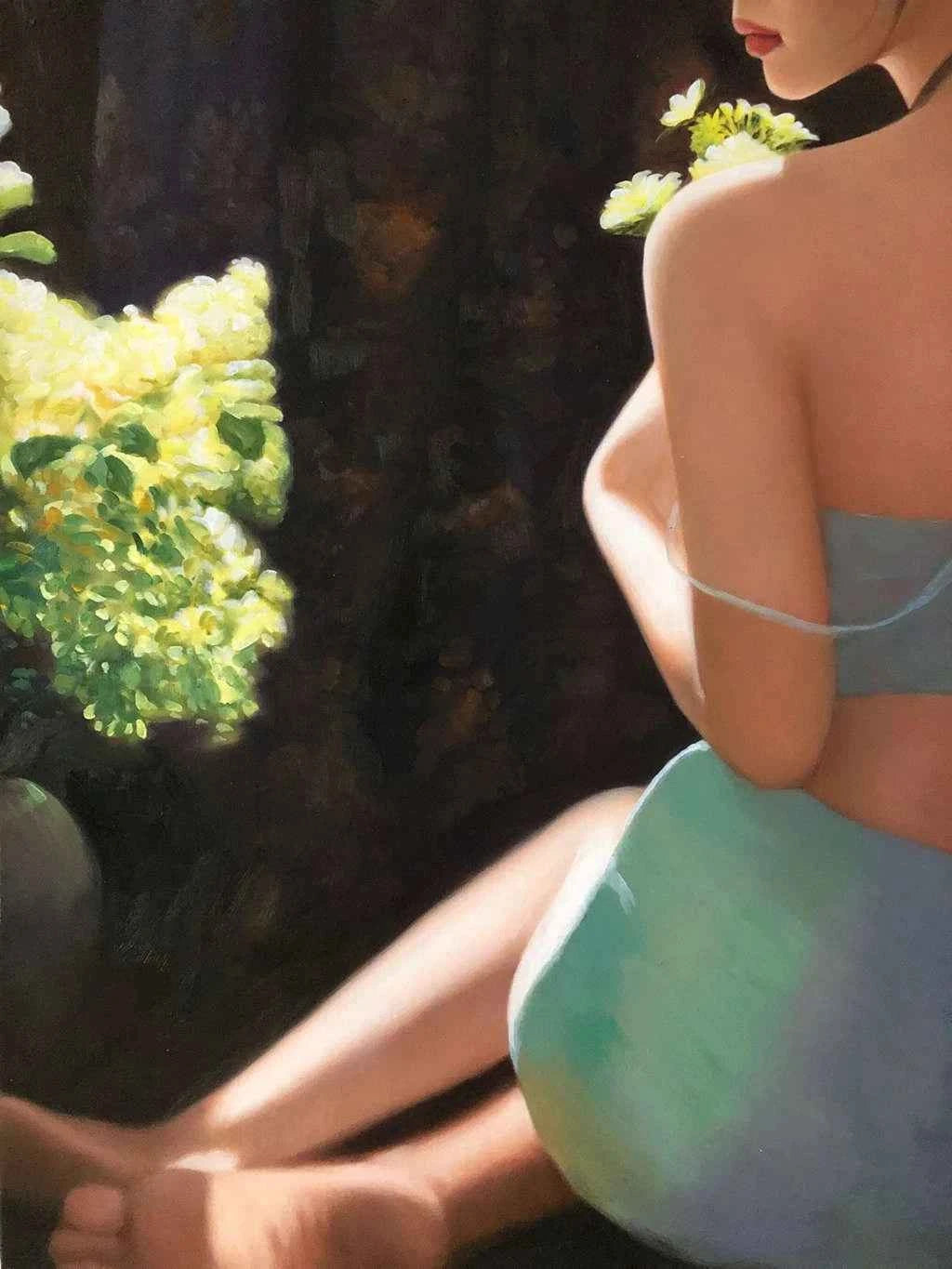 Peinture à l'huile sur toile peinte à la main belle femme chinoise en lingerie par Leng Jun
