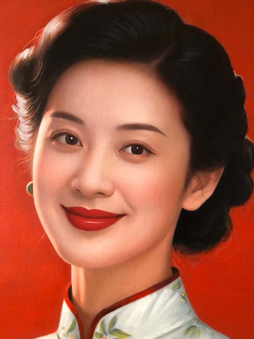 Peinture à l'huile sur toile peinte à la main belle femme chinoise robe fleurs par Leng Jun - Kikooyou Art Gallery