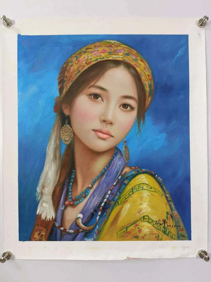 Portrait-traditionel-Peinture à l'huile sur toile "Beauté asiatique" peinte à la main