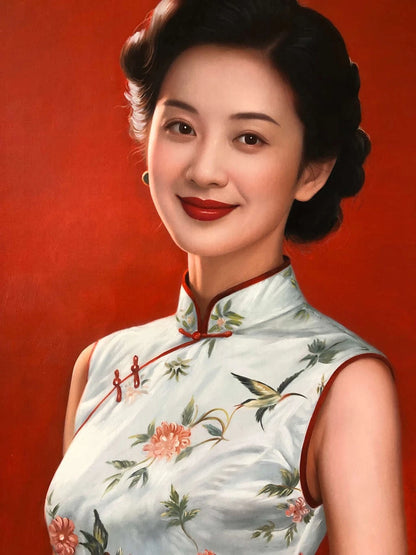 Peinture à l'huile sur toile peinte à la main belle femme chinoise robe fleurs par Leng Jun - Kikooyou Art Gallery