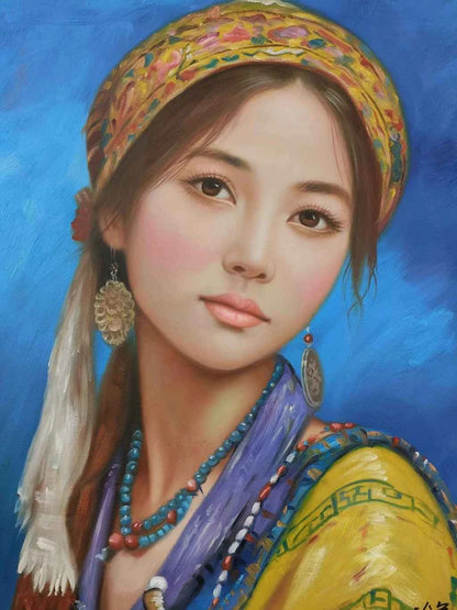 Portrait-traditionel-Peinture à l'huile sur toile "Beauté asiatique" peinte à la main
