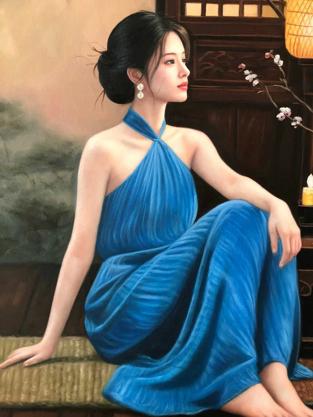 Peinture à l'huile chinoise sur toile peinte à la main belle femme avec lanterne par Leng Jun - Kikooyou Art Gallery - Kikooyou Art Gallery