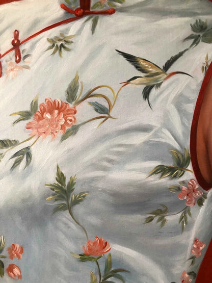 Peinture à l'huile sur toile peinte à la main belle femme chinoise robe fleurs par Leng Jun - Kikooyou Art Gallery