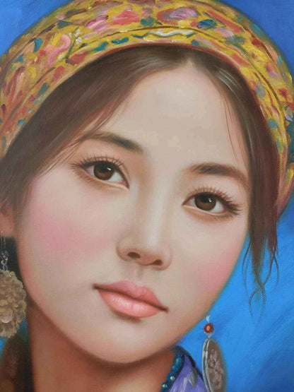 Portrait-traditionel-Peinture à l'huile sur toile "Beauté asiatique" peinte à la main