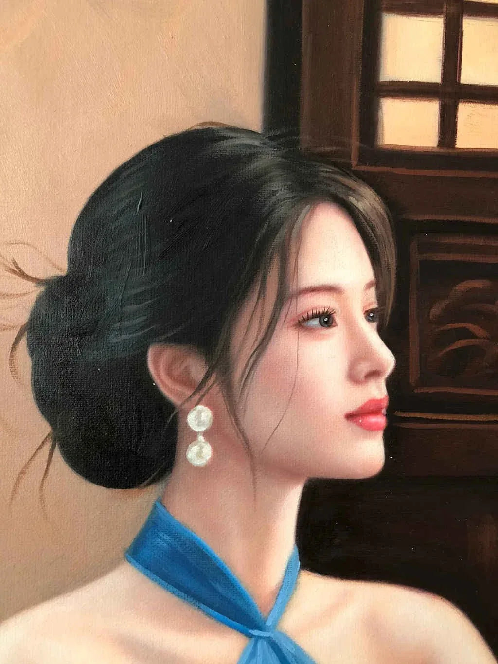 Peinture à l'huile chinoise sur toile peinte à la main belle femme avec lanterne par Leng Jun - Kikooyou Art Gallery - Kikooyou Art Gallery