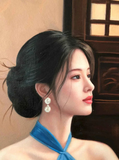 Peinture à l'huile chinoise sur toile peinte à la main belle femme avec lanterne par Leng Jun - Kikooyou Art Gallery - Kikooyou Art Gallery