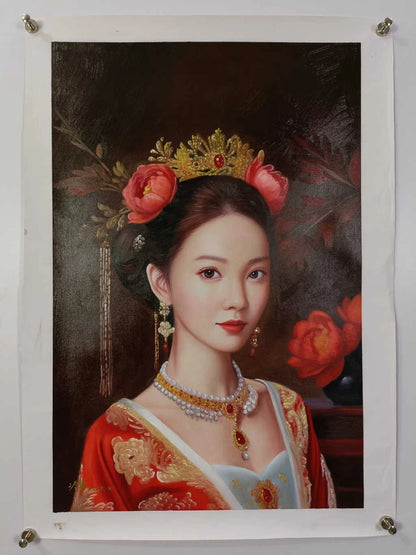 Peinture à l'huile sur toile peinte à la main belle femme chinoise robe traditionnelle rouge par Leng Jun - Kikooyou Art Gallery
