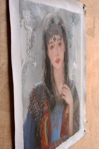 portrait Belle jeune fille tibétaine peinture originale huile sur toile - Kikooyou Art Gallery