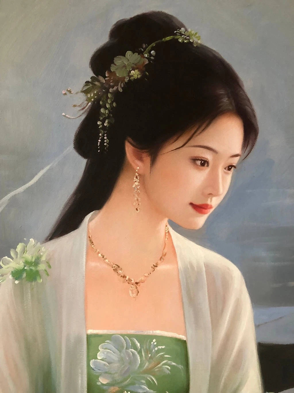 Peinture à l'huile chinoise sur toile peinte à la main belle femme robe verte par Leng Jun - Kikooyou Art Gallery