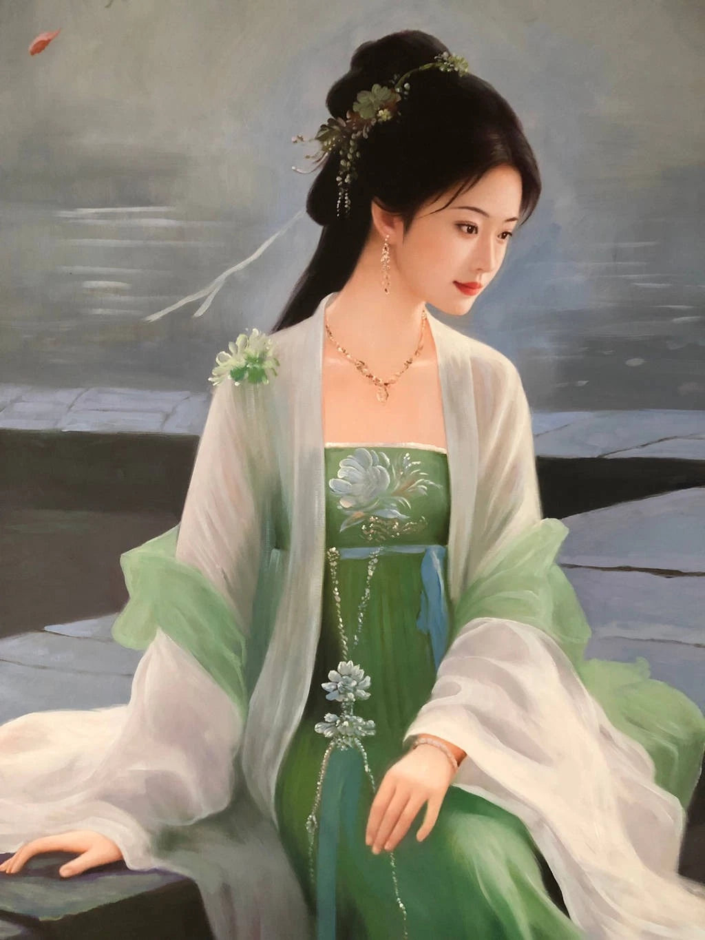 Peinture à l'huile chinoise sur toile peinte à la main belle femme robe verte par Leng Jun - Kikooyou Art Gallery