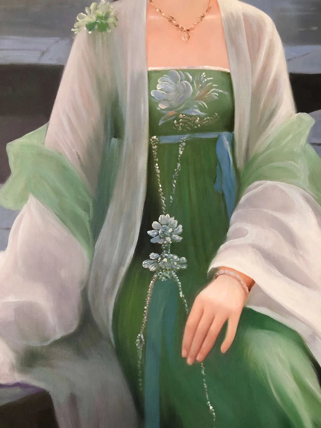Peinture à l'huile chinoise sur toile peinte à la main belle femme robe verte par Leng Jun - Kikooyou Art Gallery