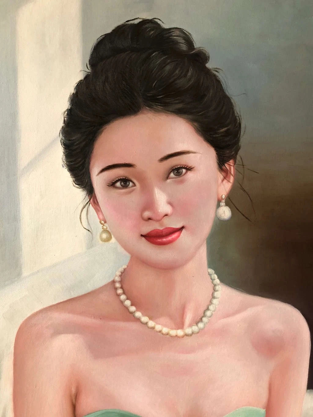 Peinture à l'huile sur toile peinte à la main belle femme chinoise élégante robe verte  par Leng Jun - Kikooyou Art Gallery