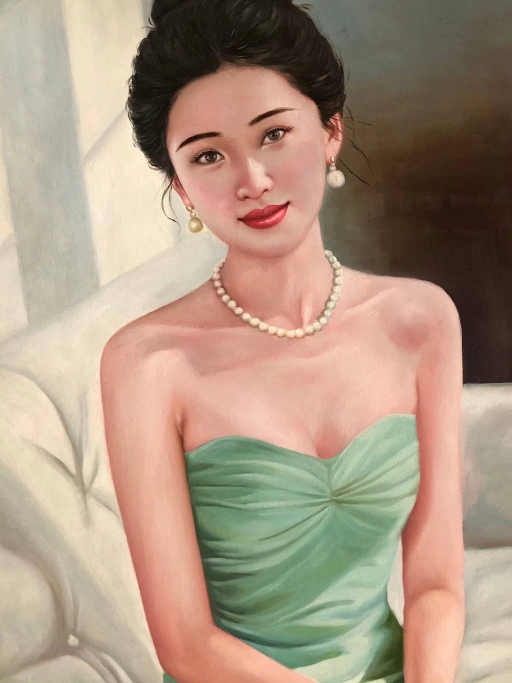 Peinture à l'huile sur toile peinte à la main belle femme chinoise élégante robe verte  par Leng Jun - Kikooyou Art Gallery