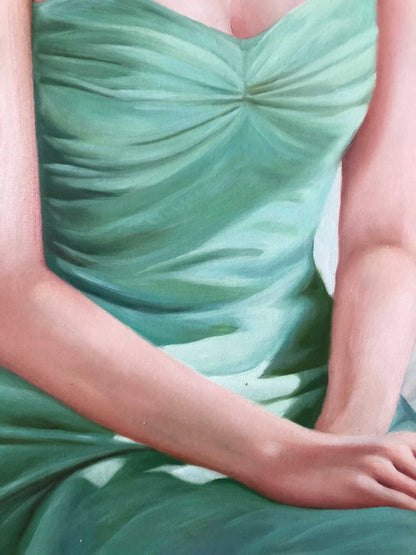 Peinture à l'huile sur toile peinte à la main belle femme chinoise élégante robe verte  par Leng Jun - Kikooyou Art Gallery