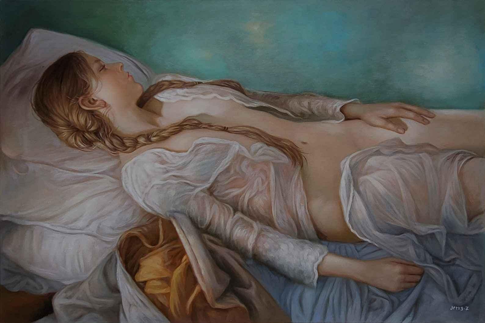 Paresseuse dimanche 60 x 90 cm art nu féminin huile sur toile faite à la main peinture à l'huile peinte à la main nue - Kikooyou Art Gallery - Kikooyou Art Gallery