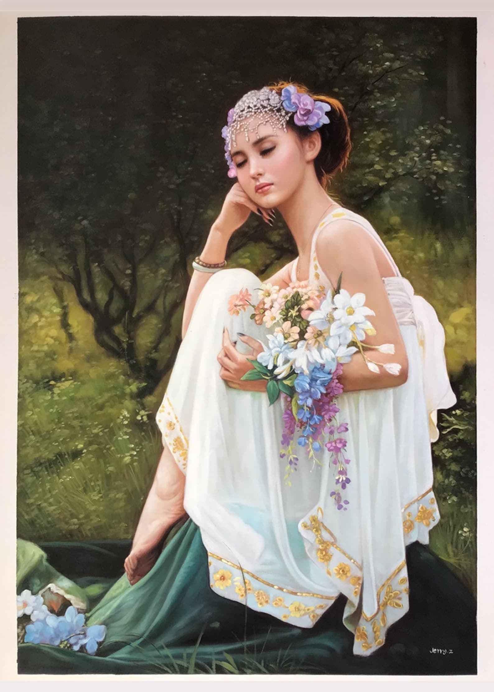 Belle jeune fille asiatique avec un bouquet de fleurs 70 x 100 cm peinture huile sur toile - Kikooyou Art Gallery - Kikooyou Art Gallery