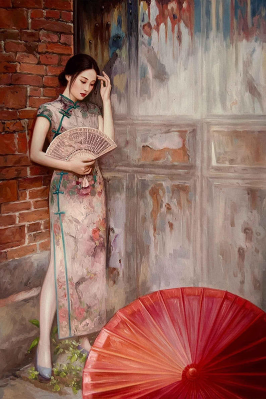 La fille dans une charmante robe Cheongsam 60 x 90 cm ORIGINAL HANDMADE Peinture à l’huile sur toile de lin - Kikooyou Art Gallery - Kikooyou Art Gallery