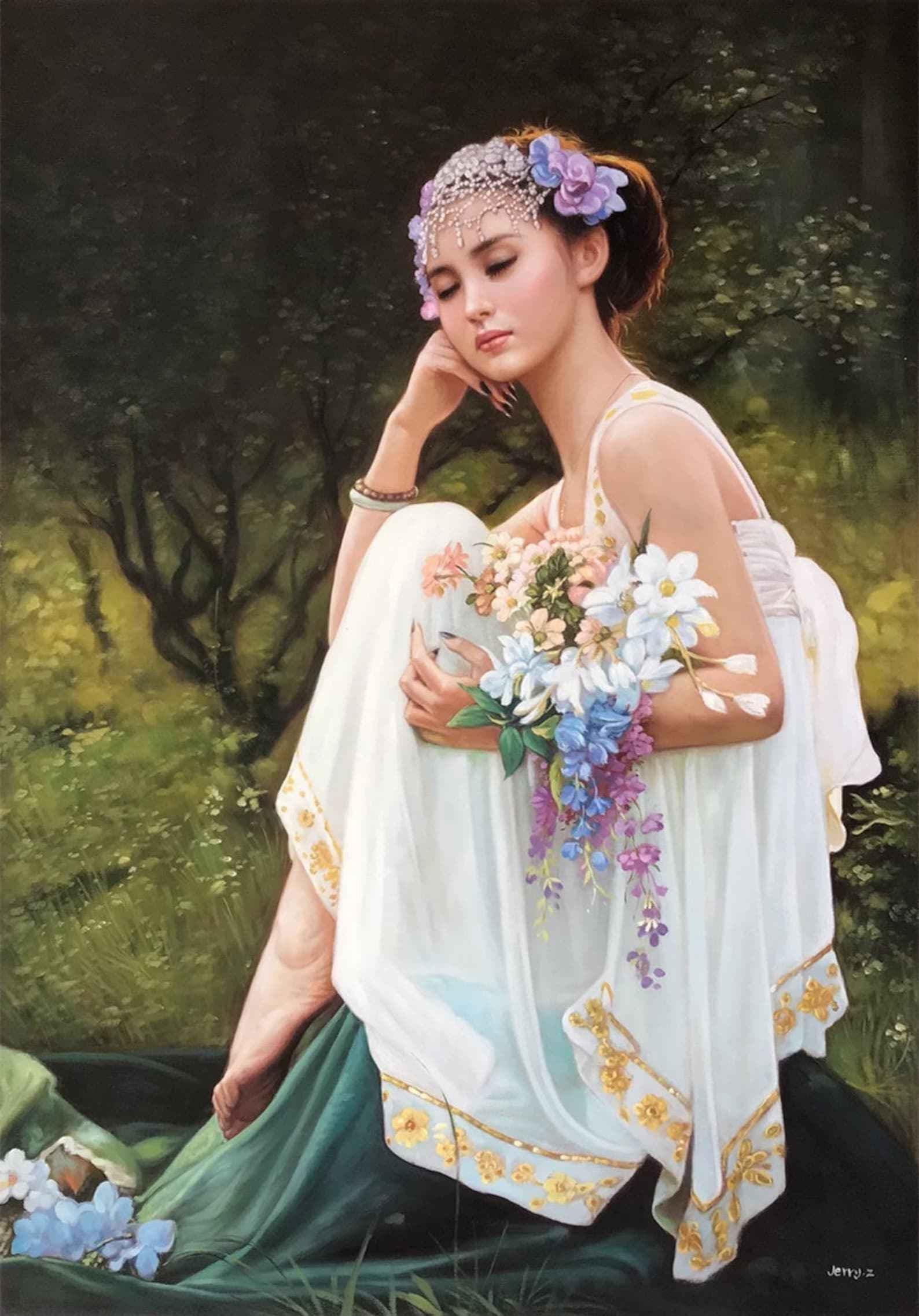 Belle jeune fille asiatique avec un bouquet de fleurs 70 x 100 cm peinture huile sur toile - Kikooyou Art Gallery - Kikooyou Art Gallery