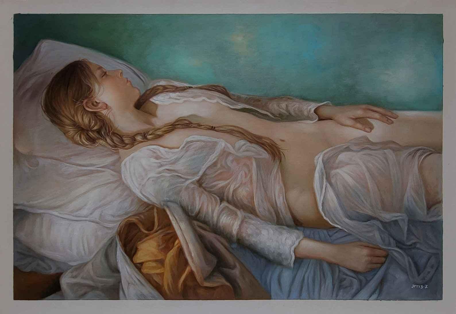 Paresseuse dimanche 60 x 90 cm art nu féminin huile sur toile faite à la main peinture à l'huile peinte à la main nue - Kikooyou Art Gallery - Kikooyou Art Gallery