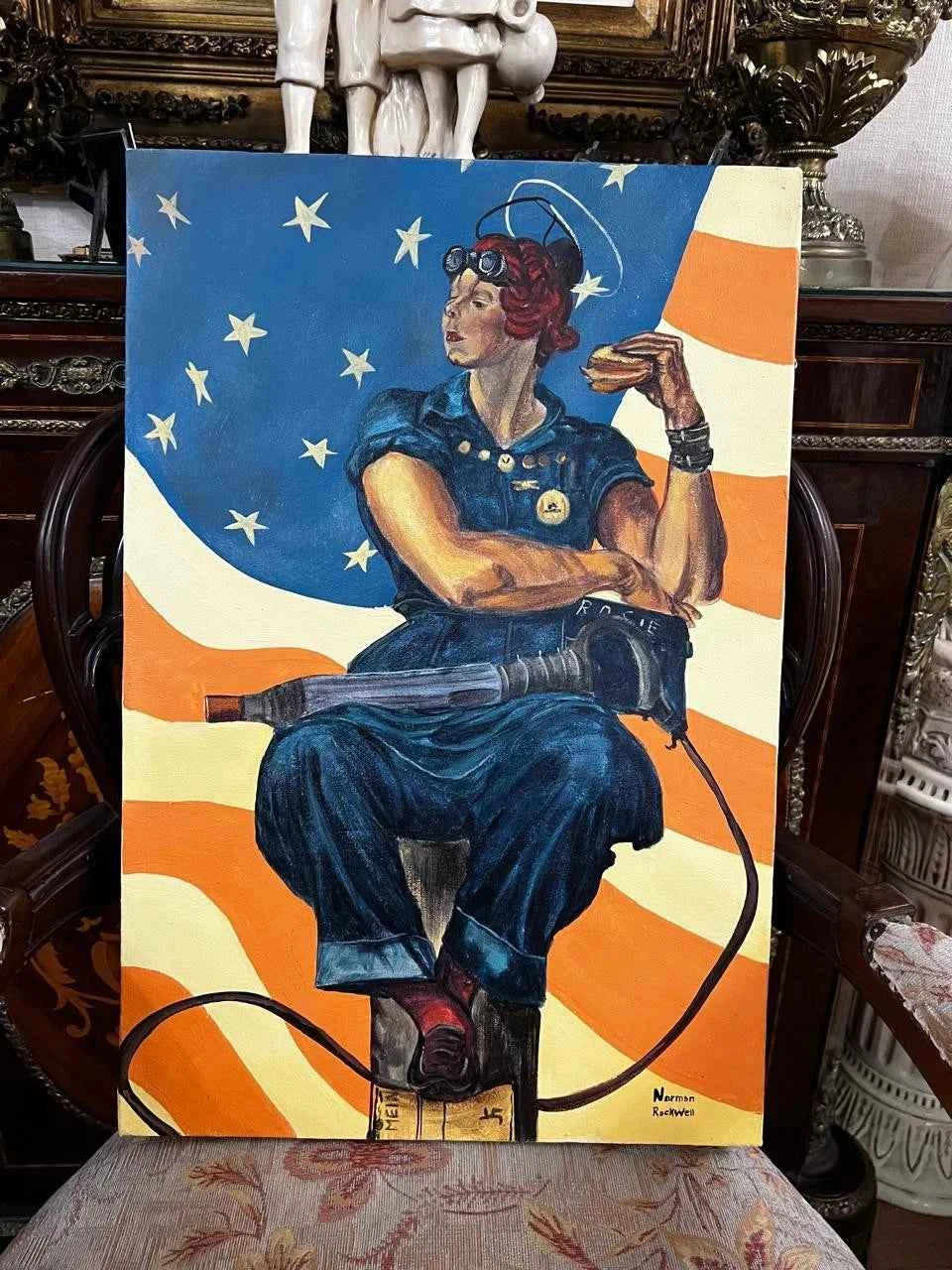 portrait la pause d'après Rockwel tableau peinture huile sur toile signée