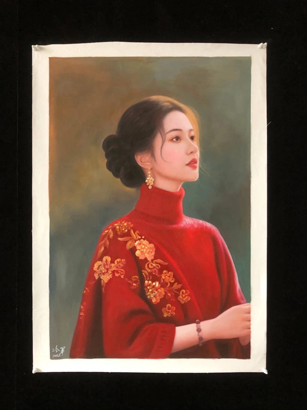 portrait femme chinoise en habit traditionnel huile sur toile - asiat woman oil painting on canvas - Kikooyou Art Gallery