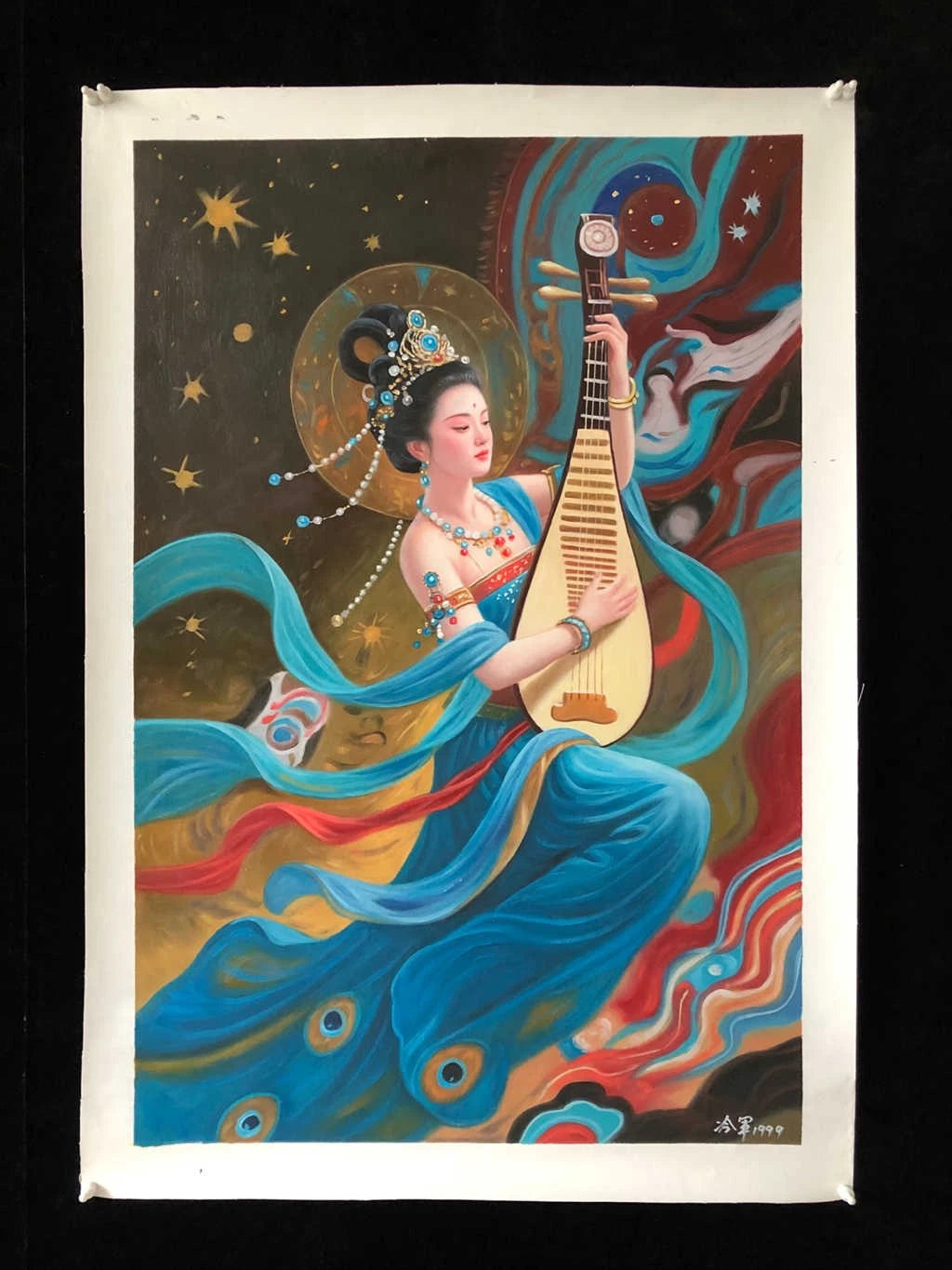 Peinture à l'huile chinoise sur toile peinte à la main belle femme musicienne par Leng Jun - Kikooyou Art Gallery