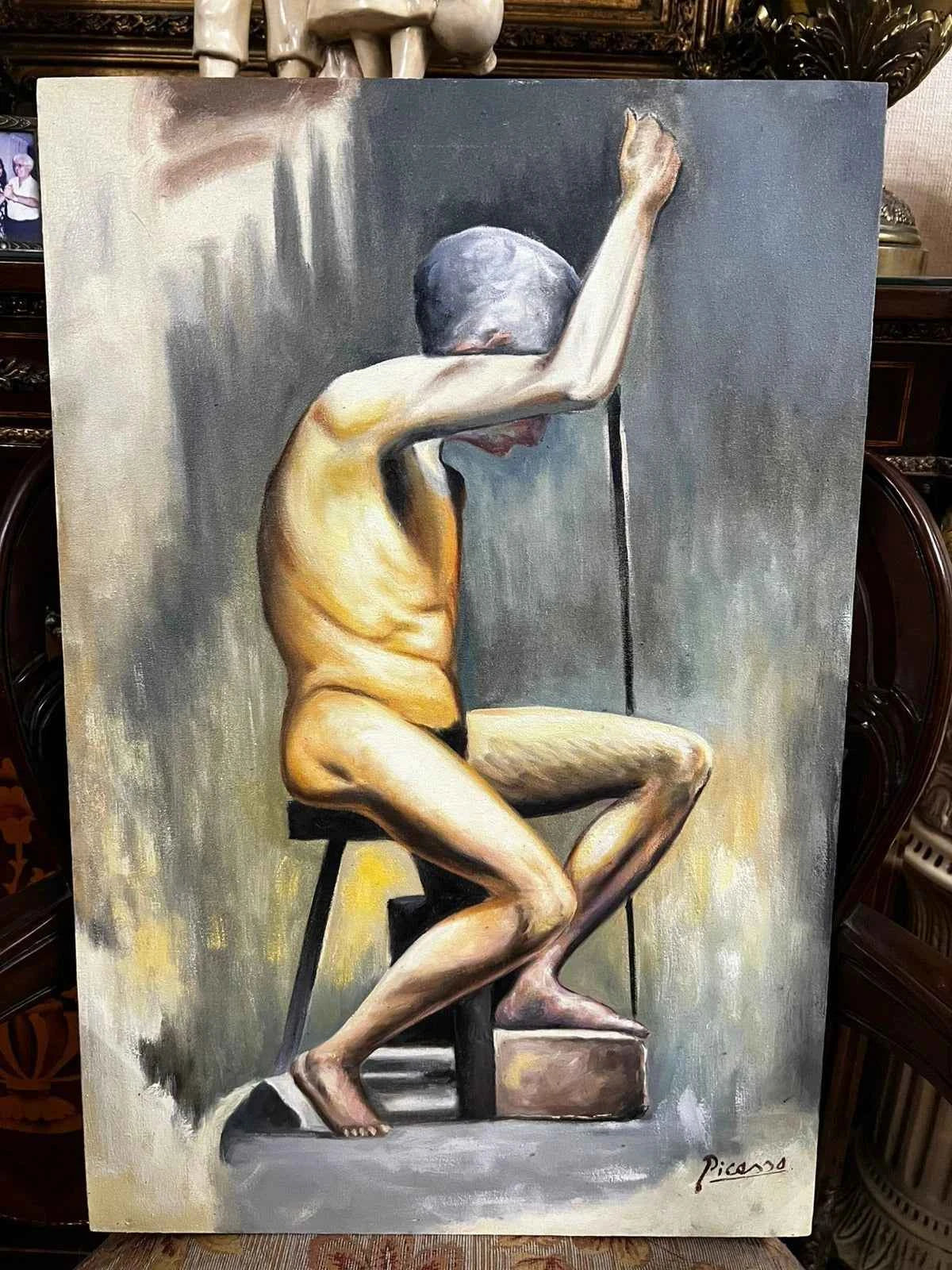 portrait la vieillesse d'après Picasso tableau peinture huile sur toile signée