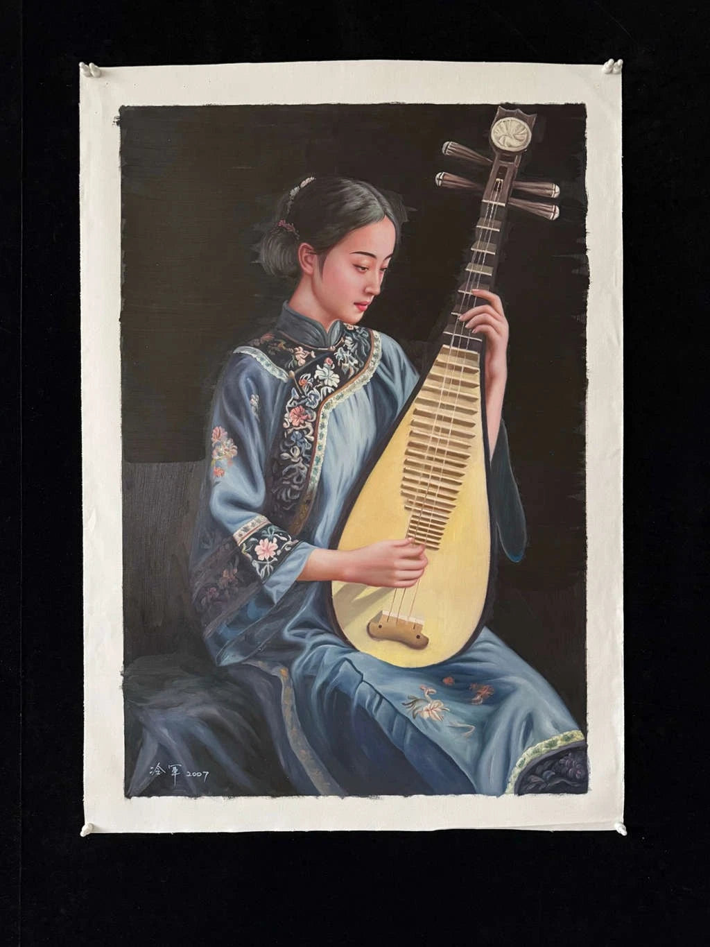 Peinture à l'huile chinoise sur toile peinte à la main belle femme musicienne par Leng Jun - Kikooyou Art Gallery