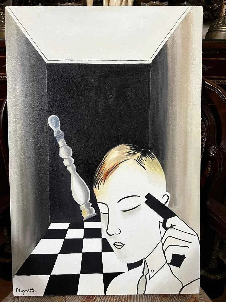 art surréaliste peinture huile sur toile échec et mat d'après Magritte
