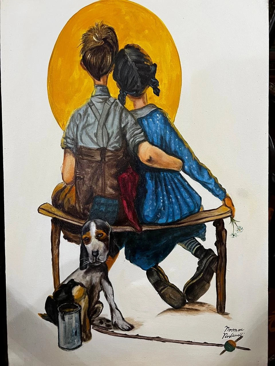 art-decoration-tableau-peinture-huile-toile-scene-genre-personnages-enfant-chien