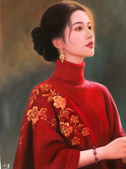 portrait femme chinoise en habit traditionnel huile sur toile - asiat woman oil painting on canvas - Kikooyou Art Gallery